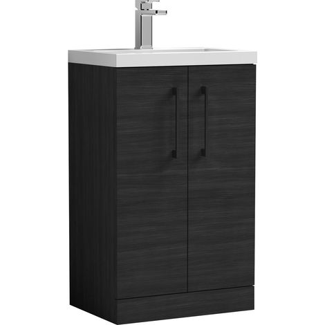 Balterley Bramshall Compact Bathroom Cloakroom Vanity Basin Unit with Ceramic Basin, Black Handles, 500mm, Woodgrain Black