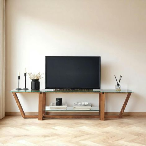 Meuble TV verre trempé bois foncé - 158 cm 2 niveaux LHASA (1/5)