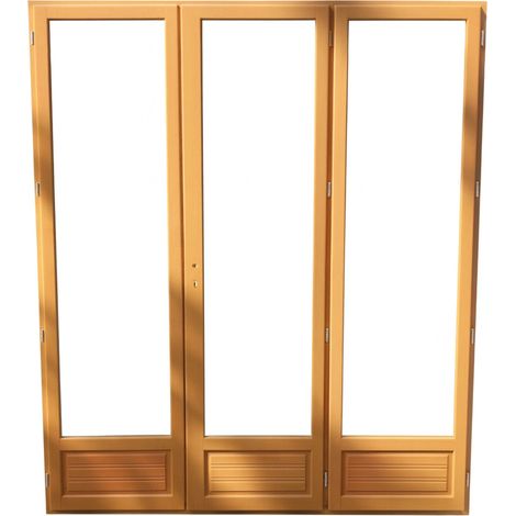 Gd Menuiseries – Porte-fenêtre en meranti 3 vantaux H215 x L180 cm – Vitrage isolant 4/16/4 – Soubassement massif 30 cm – Traitement FIH (1/5)