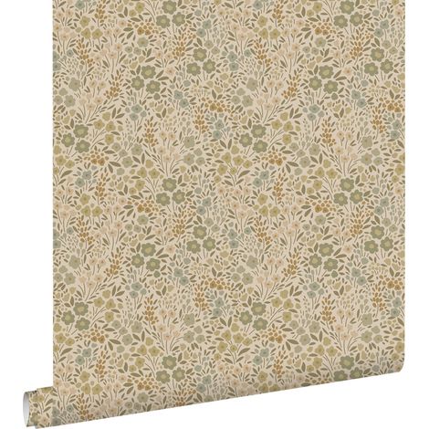 papier peint fleurs vert olive grisé - ESTAhome (1/5)