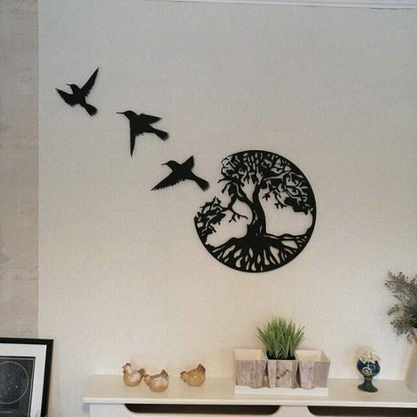 Décoration murale Arbre de Vie en métal noir (30 cm) - Sculpture murale avec 3 oiseaux en vol - Décoration intérieure et extérieure pour chambre, style rond moderne (1/5)