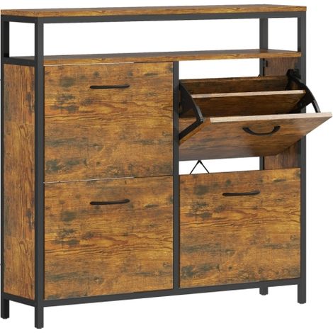Rustic Brown Shoe Storage Cabinet with 4 Flip Drawers and Open Shelf for Organized Entryway or Closet