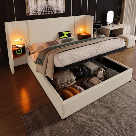 Cama tapizada 160/200 cm beige de lino con almacenaje hidráulico y luz de lectura (1/5)