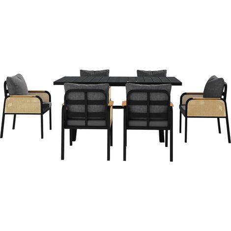 Ensemble de mobilier de jardin 6 pièces avec table en bois plastique et chaises à structure métallique, coussins rembourrés noirs (1/5)