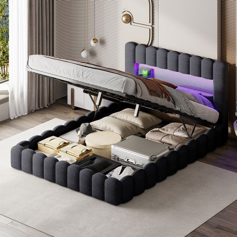 FOERPL-Letto baule 160 x 200 cm con LED e USB/Type-C, letto matrimoniale imbottito 160 x 200 con contenitore idraulico, letto 160 x 200 con box letto e rete telaio letto imbottito