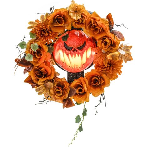 Couronne d'Halloween lumineuse 44 cm avec visage de citrouille effrayant et 44 LED effet flamme pour décoration murale (1/5)