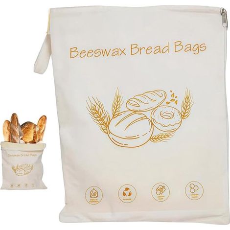 Sacchetto per il pane con rivestimento in cera d'api, 43 x 33 cm, con cerniera e tracolla, ideale per pane, baguette e pizze fatte in casa. (1/5)