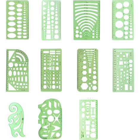 Gabarit De Dessin Géométrique - 11 Pièces En Plastique - Pour École Bureau Design Artistique - Lot Complet (1/5)