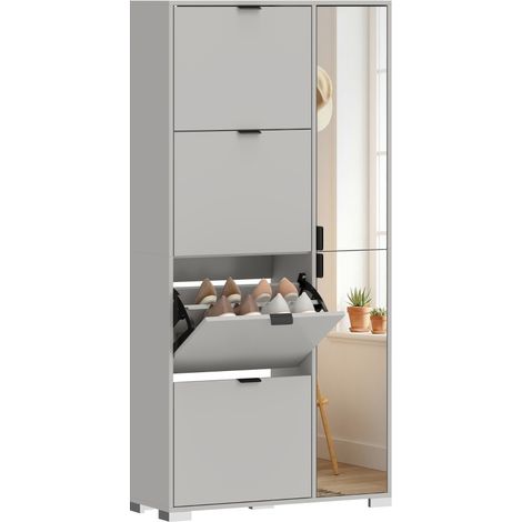 Meuble à chaussures avec miroir, 4 tiroirs, armoire à chaussures pour entrée en gris élégant. (1/5)