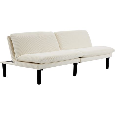 Canapé 2 places convertible 3 positions beige, velours côtelé, structure bois, pieds noirs en plastique, pour petit salon et home cinéma CHICFURN (1/5)