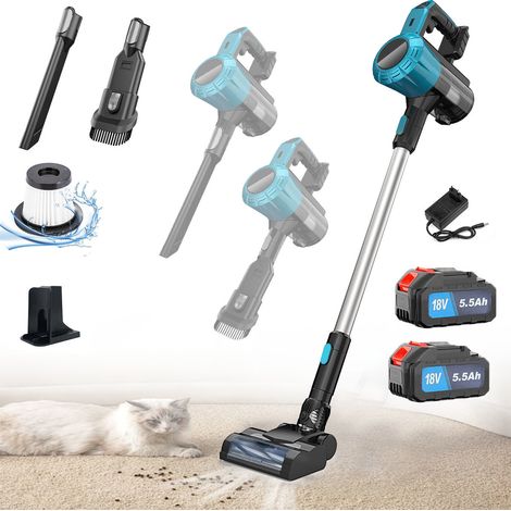 Aspirapolvere portatile, aspirapolvere verticale senza fili ultraleggero per tappeti, peli di animali domestici, con sterzo girevole, 2batterie da 5,5A+caricabatterie, compatibile con batteria Makita