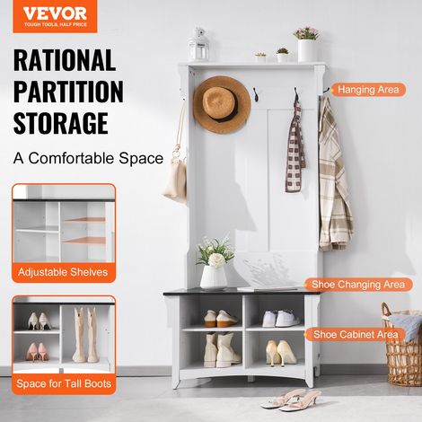 Porte-Manteau en Bois, Meuble d’Entrée avec Banc et Rangement pour Chaussures, Support Manteau sur Pied, Vestiaire avec Étagères Ré… (1/5)