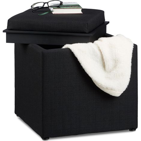 Puf Relaxdays con almacenaje, 42 x 40,5 x 40,5 cm (Al x An x Fon), efecto lino, tela, negro (1/5)