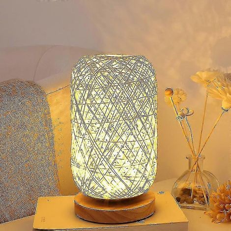 Lampe de chevet Bjxy créative, rechargeable, LED, veilleuse, lampe de table en rotin et ficelle de bois, petite lampe de table en chanvre (1/4)