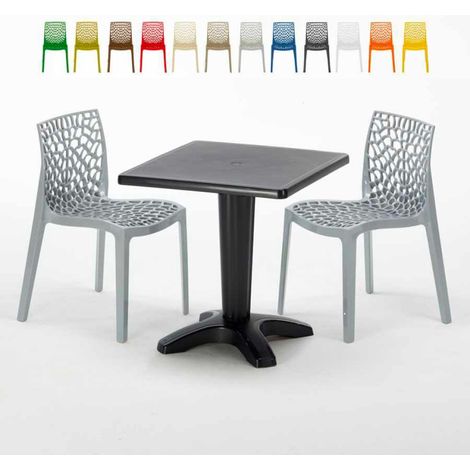 Table Carrée Noire 70x70cm Avec 2 Chaises Colorées Grand Soleil Set Bar Café Gruvyer Aia - Gris (1/7)