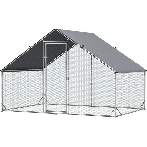 Hühnerstall Freilaufgehege aus Stahl, 300 x 200 x 200 cm Hühnerkäfig mit Abdeckung, Tür, Hühnergehege für 4-6 Hühner, Kleintiere, Silber (1/5)
