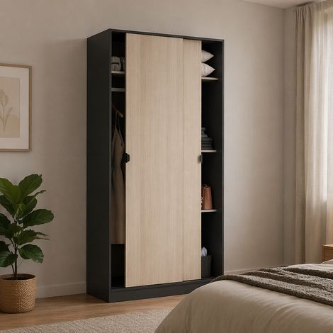 Armoire 2 Portes Orgosolo, Chambre 4 Étagères, Porte-manteaux, 50x200h cm Gris Anthracite (1/5)