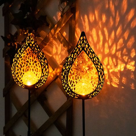 Solarleuchte Flamme Garten Solarstab für Außen Solar Garten Deko für Außen, mit Erdspieß und Lichteffekt, Crackle Glas, 10x LED warmweiß, H 90 cm, 2er Set