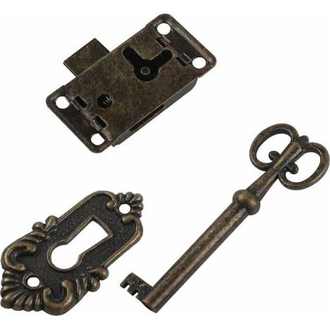 Cyan Loquet et targette Quincaillerie de meuble Serrure Boîte artisanale Serrure de tiroir Ensemble de trois pièces Porte de meuble Serrure classique Boîte à bijoux Armoire Serrure antique (1/5)