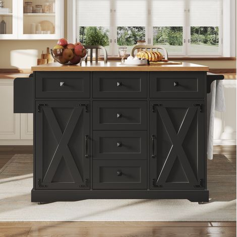 Îlot de cuisine pliant 147x44x93 cm noir en MDF et métal avec rangement extensible (1/5)