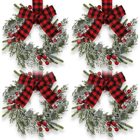 Guirlande De Noël Mini - 9 Pouces - En Feuillage Artificiel Avec Baies Rouges Et Nœud En Plaid Rouge Et Noir - Pour Armoires Cuisine Fenêtres Cheminées - Lot De 4 (1/5)