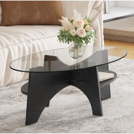 Tavolino ovale 104.9x60x35.6 cm nero e trasparente in MDF e vetro con base a ventaglio (1/5)