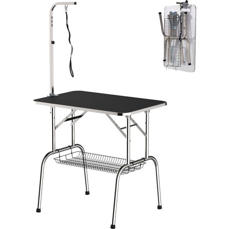 Tavolo da toelettatura pieghevole 90x60x75 cm in acciaio inox nero con cestino - CHICFURN (1/5)