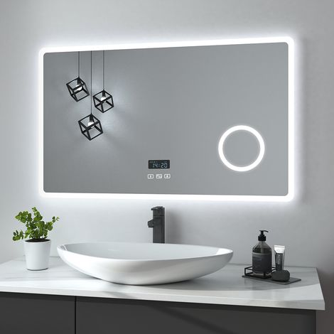 Heilmetz Espejo de baño con luz LED y lupa 3X, 100 x 60 cm, con interruptor táctil y antivaho, Reloj y Bluetooth, 3 colores de luz, regulable, 3000-6500K (1/5)