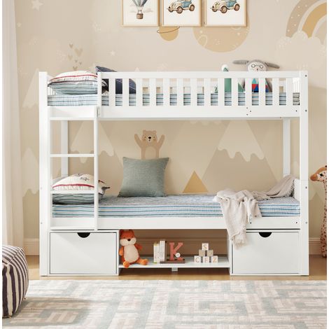 Lit superposé enfant en bois massif blanc 90x200 cm, convertible en 2 lits simples, avec barrières et tiroirs