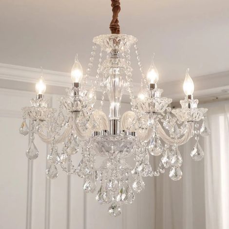 LEDANDER Lustre en verre cristal à 6 lumières — Luminaire suspendu transparent — Culot E14, lumière tricolore, suspension vintage style bougie