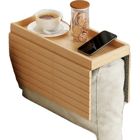Bandeja reposabrazos para sofá, material bambú, dimensiones 33 x 23 x 5 cm, forma rectangular, soporte giratorio de 360°, diseño plegable. (1/5)