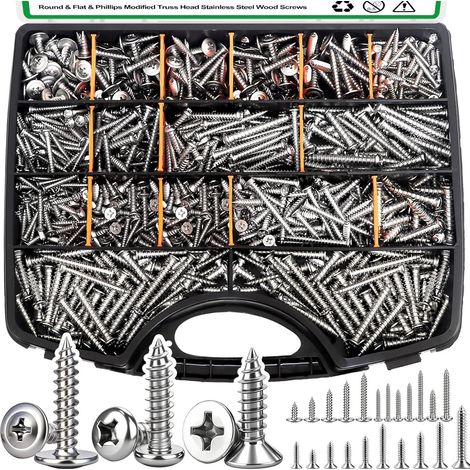 Coffret de visserie inox 810 pièces – Assortiment de vis à bois et vis autotaraudeuses cruciformes à têtes fraisées, rondes et larges, en acier inoxydable 304/A2-70 – Kit de fixation multi-format (1/4)