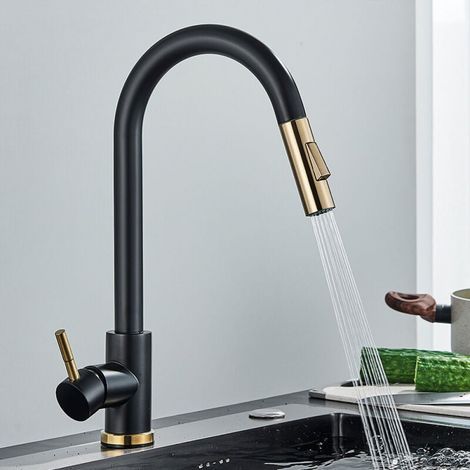 Robinet Cuisine,Mitigeur Cuisine Rotatif à 360°,Robinet Cuisine Douchette Mitigeur Cuisine Noir avec 2 Modes,Robinetterie de Cuisine Haute Pression,Mitigeur Cuisine avec Douchette (1/5)