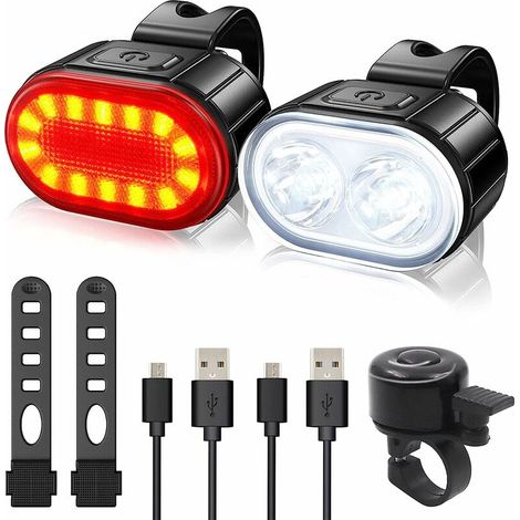 VURAHOME - Lumière Vélo Ensemble,Éclairage Vélo Avant et Arrière USB Rechargeable Étanche,Lampe Velo LED Puissantes,avec Sonnette Vélo,4/6 Modes Eclairage pour VTT Trotinette Electrique Camping (1/5)