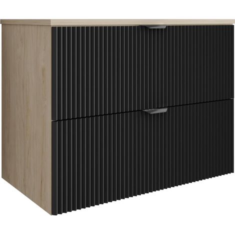 Mobile da bagno con frontale scanalato 80 cm con 2 cassetti, noce chiaro (MDF), con frontale nero, con maniglia nera, 80 x 47 x 60 cm (1/5)
