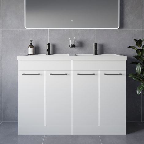 Napoli 390 Gloss White 1200mm 4 Door Vanity Unit with Double Lucia Basins - 1200mm - Matt Black 160mm Handle