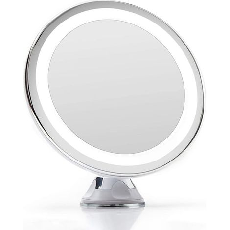Miroir à ventouse UNIQ avec lumière LED et grossissement x10 – Miroir de maquillage blanc pour salle de bain ou voyage [BR]