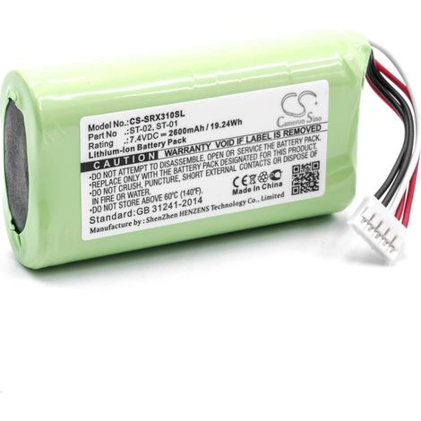 vhbw Batería reemplaza Sony ST-02, ST-01 para altavoces, cajas acústicas (2600 mAh, 7,4 V, Li-Ion)