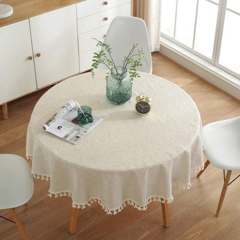 Mantel redondo, mantel liso con borlas, mantel de algodón versátil para uso interior y exterior, diámetro 100 cm. (1/4)