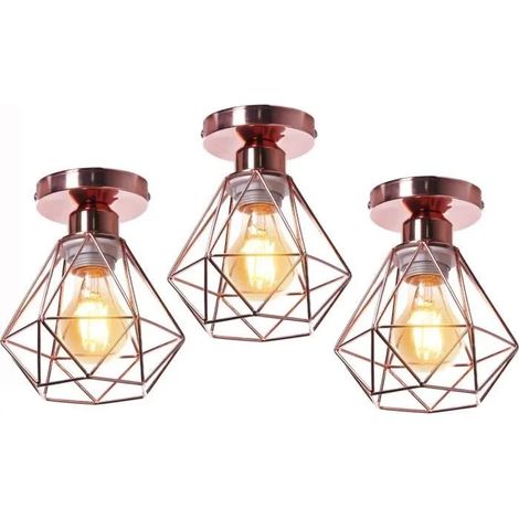 U-Do 3Pcs Plafonnier Industriel Vintage Lampe de Plafonde Cage forme Diamant Mini en Métal Or Rose (1/4)