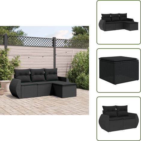 4-tlg. Garten-Sofagarnitur mit Kissen Schwarz Poly Rattan - Gartensortiment - Outdoor Möblierung - Gartenlounge - Rattan Gartenmöbel - Polyethylen Gartenmöbel (1/5)