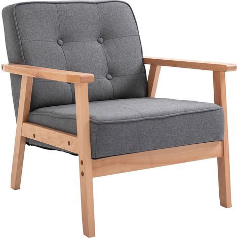 Fauteuil style scandinave vintage patchwork à boutons doux rembourrés, dimensions 64, lin gris, bois d’échoucème, charge max 120 kg (1/5)