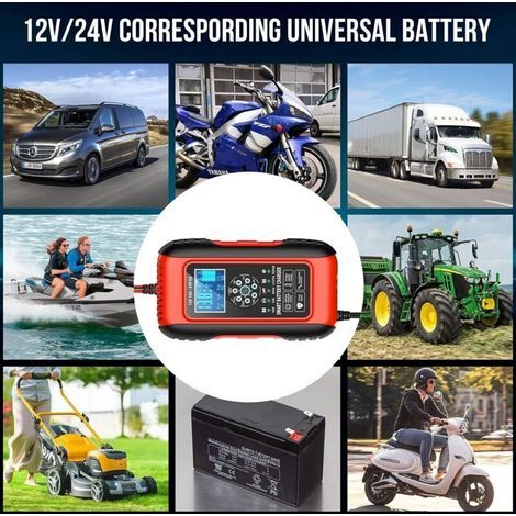 Chargeur de batterie intelligent 10 A (12 V) / 5 A (24 V) avec écran LCD, fonction maintien & réparation pour voiture, moto, camion – AGM, gel, plomb (1/3)