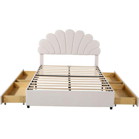 CAIziLit rembourré 140 x 200 cm, cadre de lit avec tête de lit en forme de fleur et sommier à lattes, avec compartiments de rangement, lit jeunesse, lit adulte, lit double, velours doux pour la peau, (1/5)