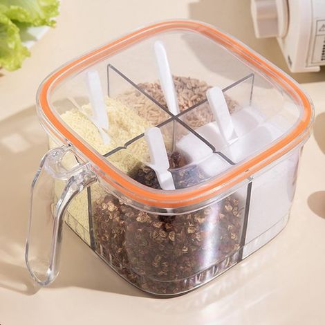 Barattolo per spezie con coperchio e 4 scomparti, 4 cucchiaini da portata, vetro trasparente, barattolo trasparente per spezie, piccolo barattolo per spezie da cucina (1/4)