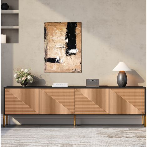 Meuble TV 179 x 35 x 53,5 cm, 4 portes, noir et naturel, pieds métalliques dorés DESVIAE (1/5)