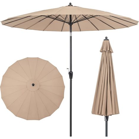 Sombrilla redonda para terraza 265 x 250 cm con manivela 18 varillas fibra de vidrio de poliéster marrón 200013006