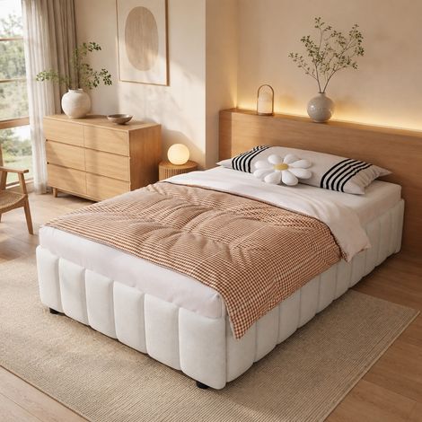 DESMIU Lit Coffre 90 × 200 cm 1 place avec rangement hydraulique, sans tête de lit, sans matelas, en lin beige (1/5)
