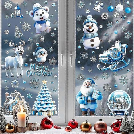 110 autocollants 3D pour fenêtres, flocons de neige et personnages festifs, stickers statiques pour vitres, décoration hivernale compatible avec les fenêtres. (1/5)