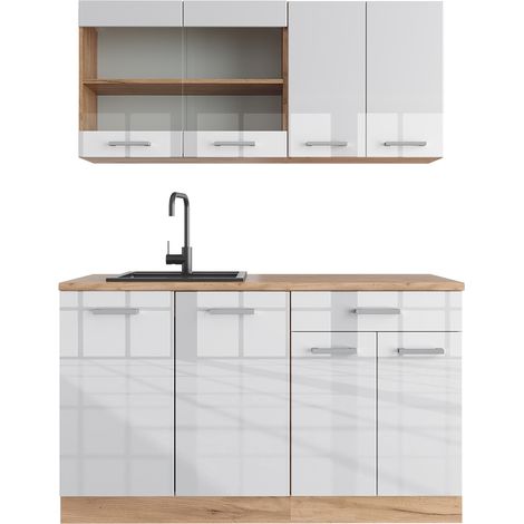 Cocina versátil R-Line, Blanco brillo intenso/roble dorado, 140 cm , ET Roble, Vicco
